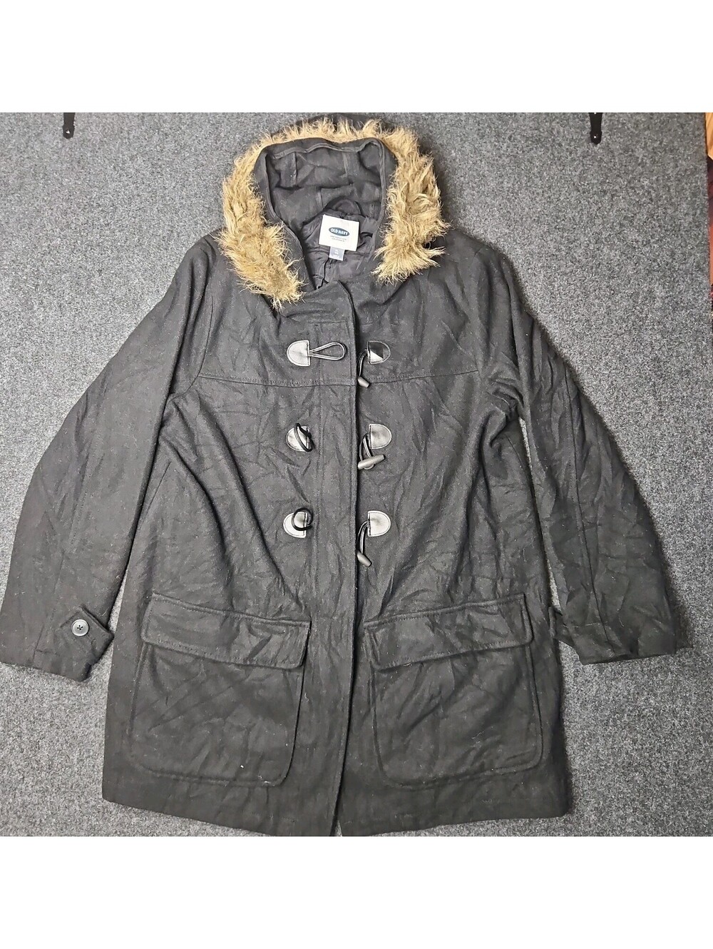 Old Navy Hooded Toggle Coat Navy Black Faux Fur Trim Women's Xl